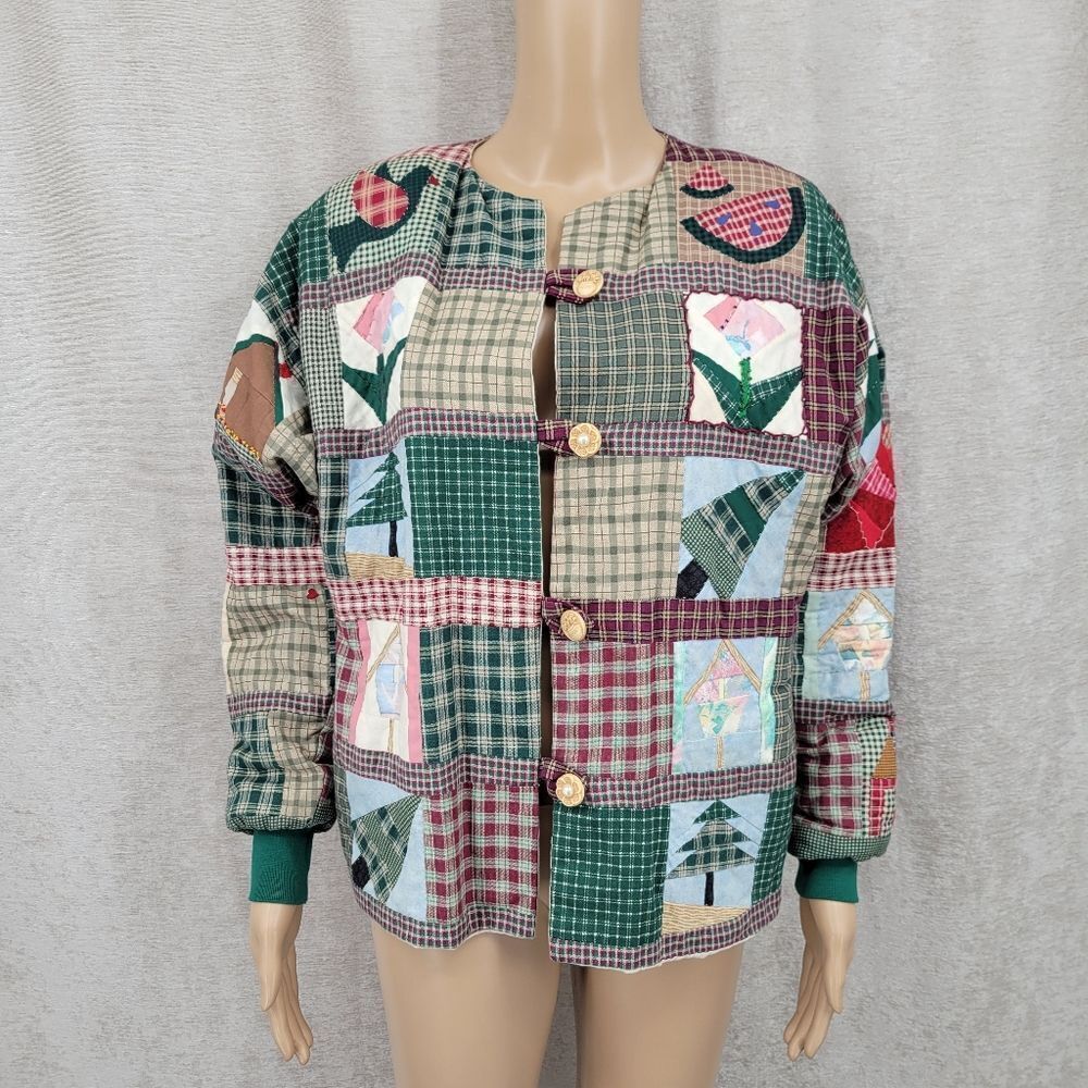 Handmade Quilt Patchwork Button Up Vintage Bomber… - image 2